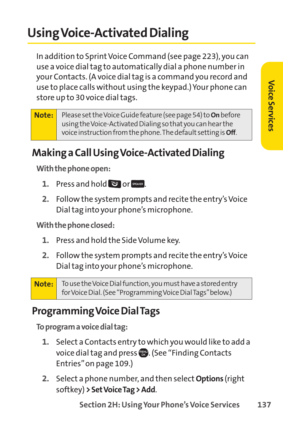 Using voice-activated dialing, Making a call using voice-activated dialing, Programming voice dial tags | Sprint Nextel Cell Phone User Manual | Page 155 / 336