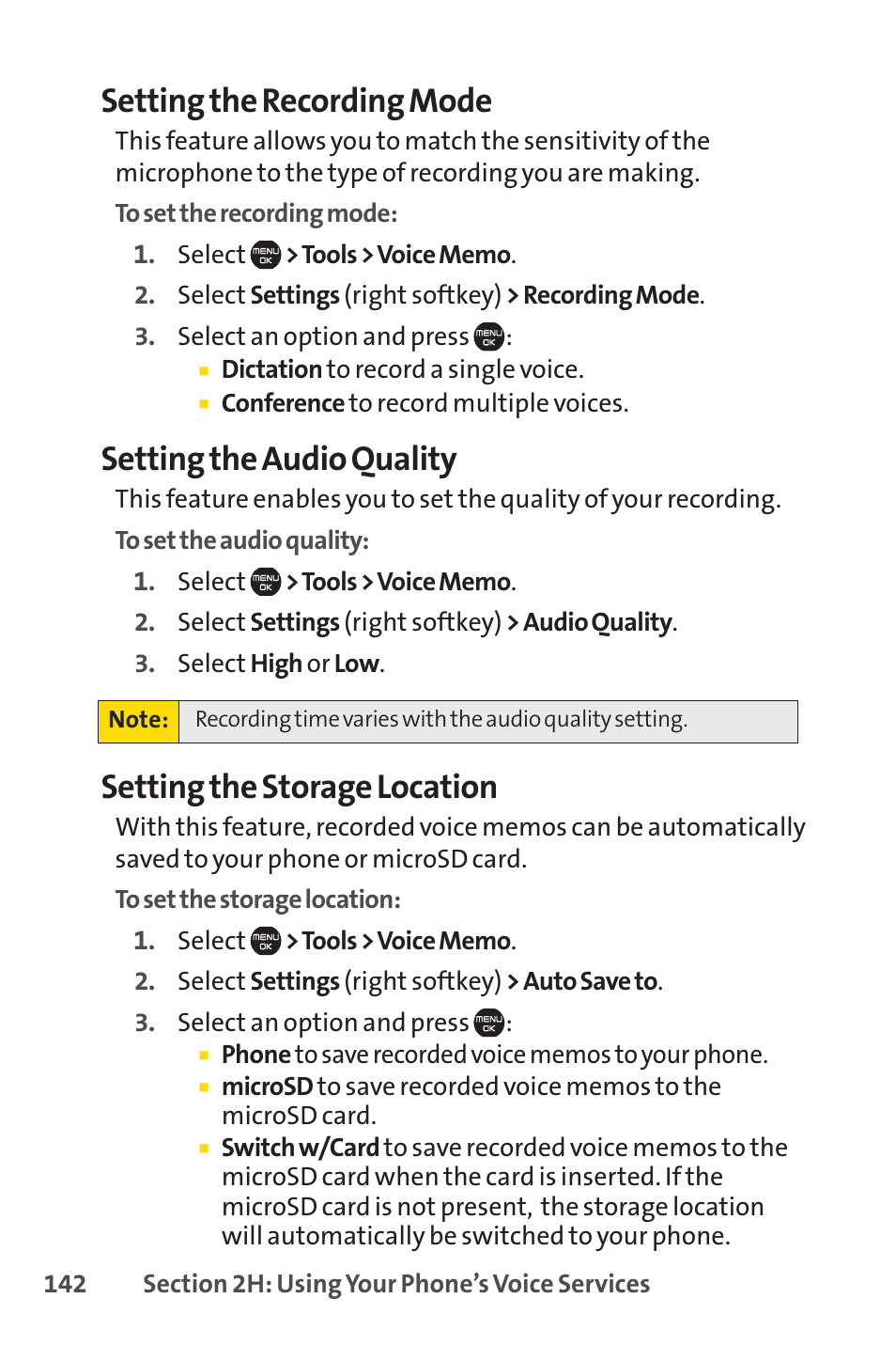 Setting the recording mode, Setting the audio quality, Setting the storage location | Sprint Nextel Cell Phone User Manual | Page 160 / 336