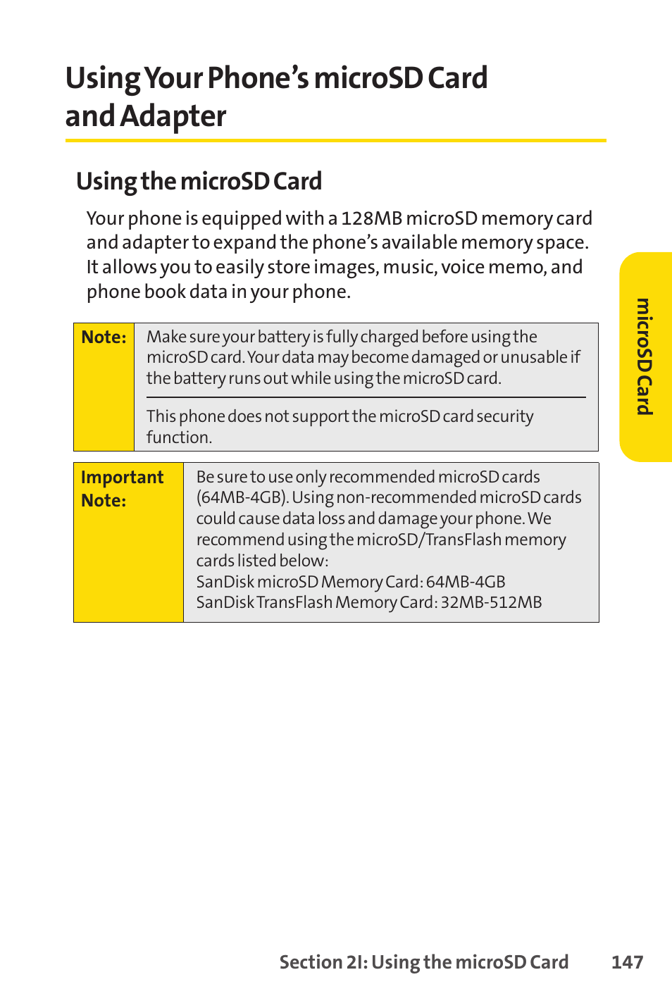 Using your phone’s microsd card and adapter, Using the microsd card | Sprint Nextel Cell Phone User Manual | Page 165 / 336