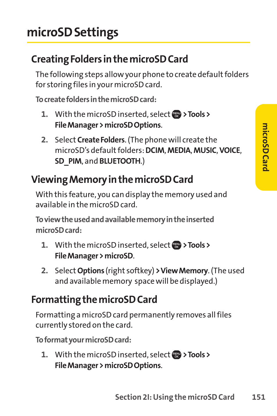 Microsd settings, Creating folders in the microsd card, Formatting the microsd card | Sprint Nextel Cell Phone User Manual | Page 169 / 336