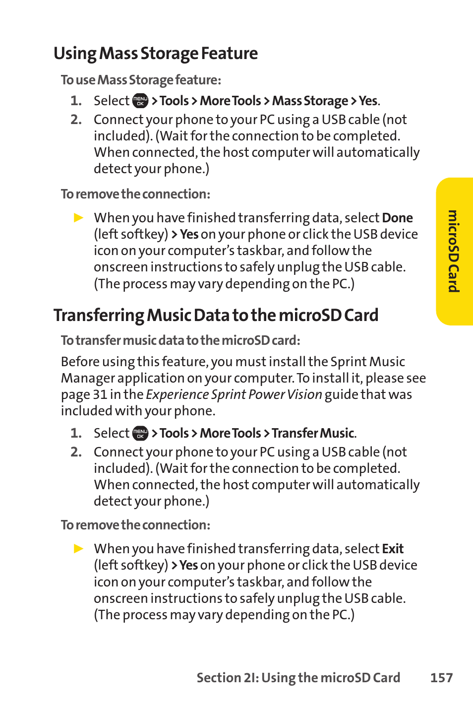 Using mass storage feature, Transferring music data to the microsd card | Sprint Nextel Cell Phone User Manual | Page 175 / 336