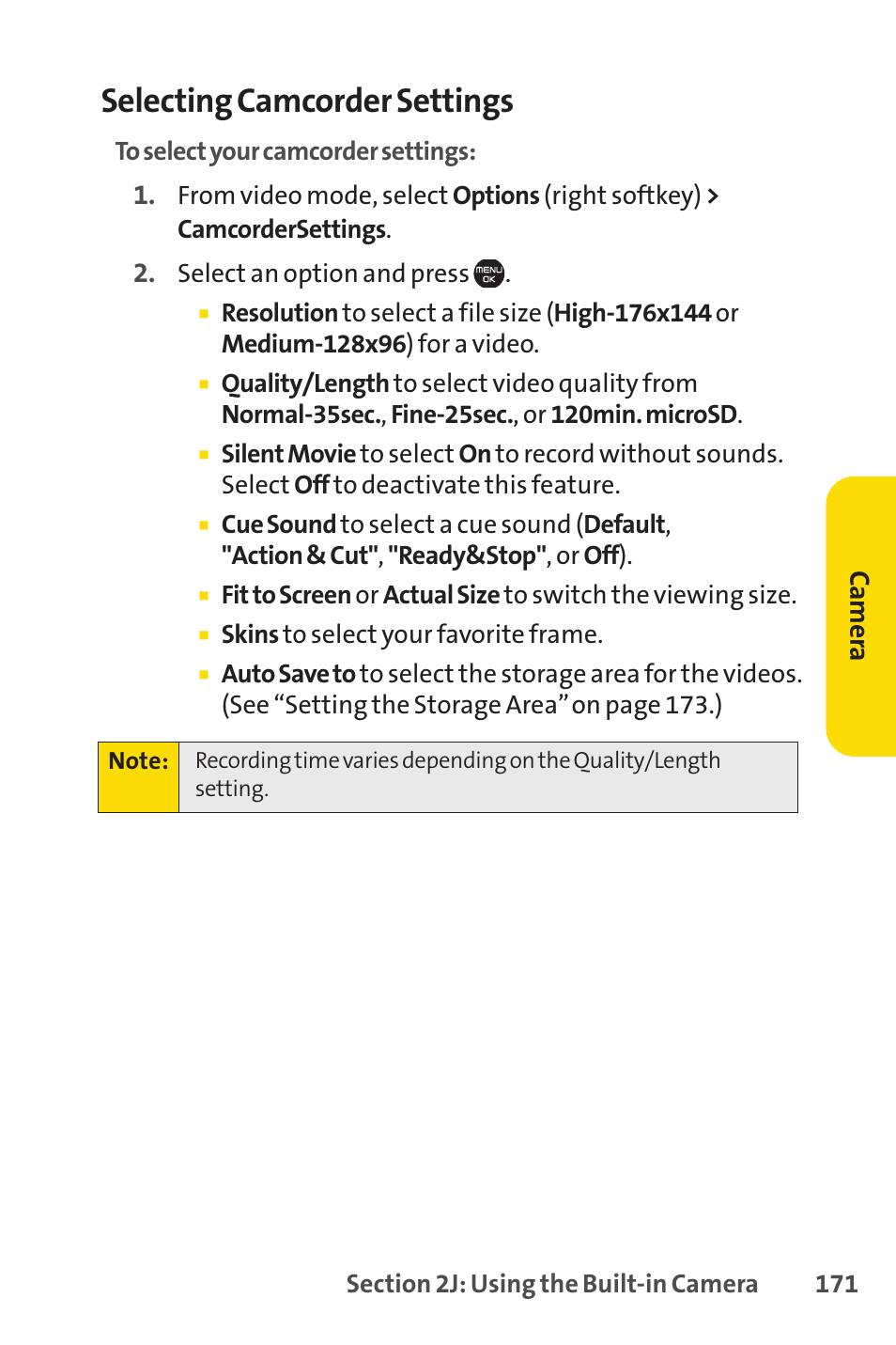 Selecting camcorder settings, Ca m er a | Sprint Nextel Cell Phone User Manual | Page 189 / 336