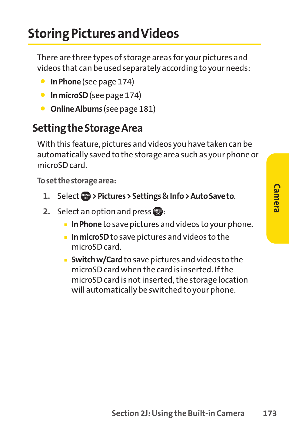 Storing pictures and videos, Setting the storage area | Sprint Nextel Cell Phone User Manual | Page 191 / 336