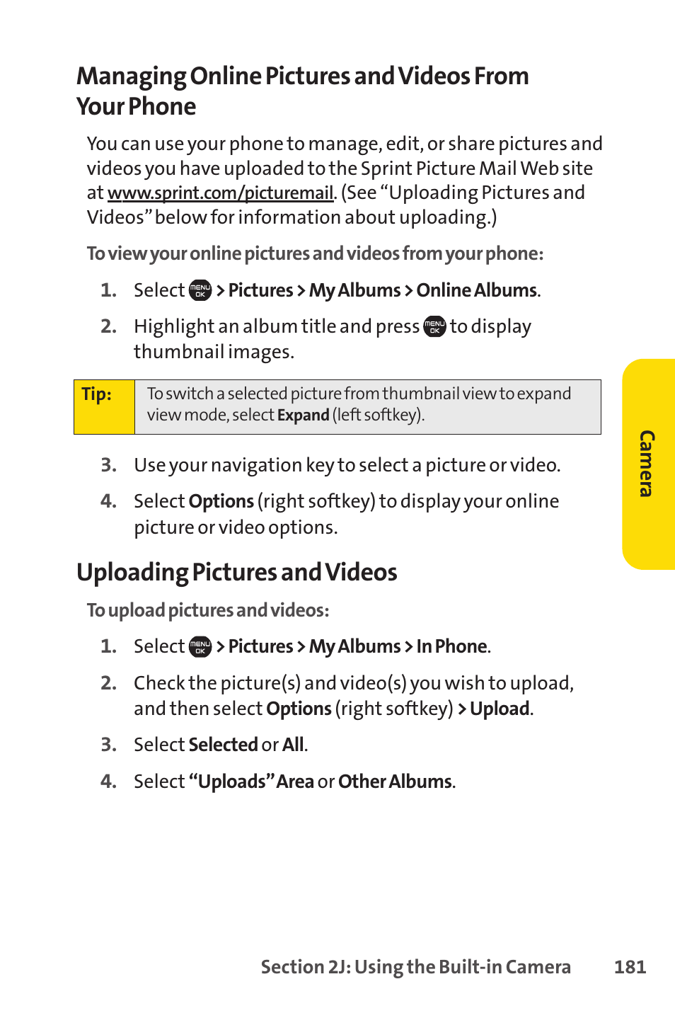 Uploading pictures and videos | Sprint Nextel Cell Phone User Manual | Page 199 / 336