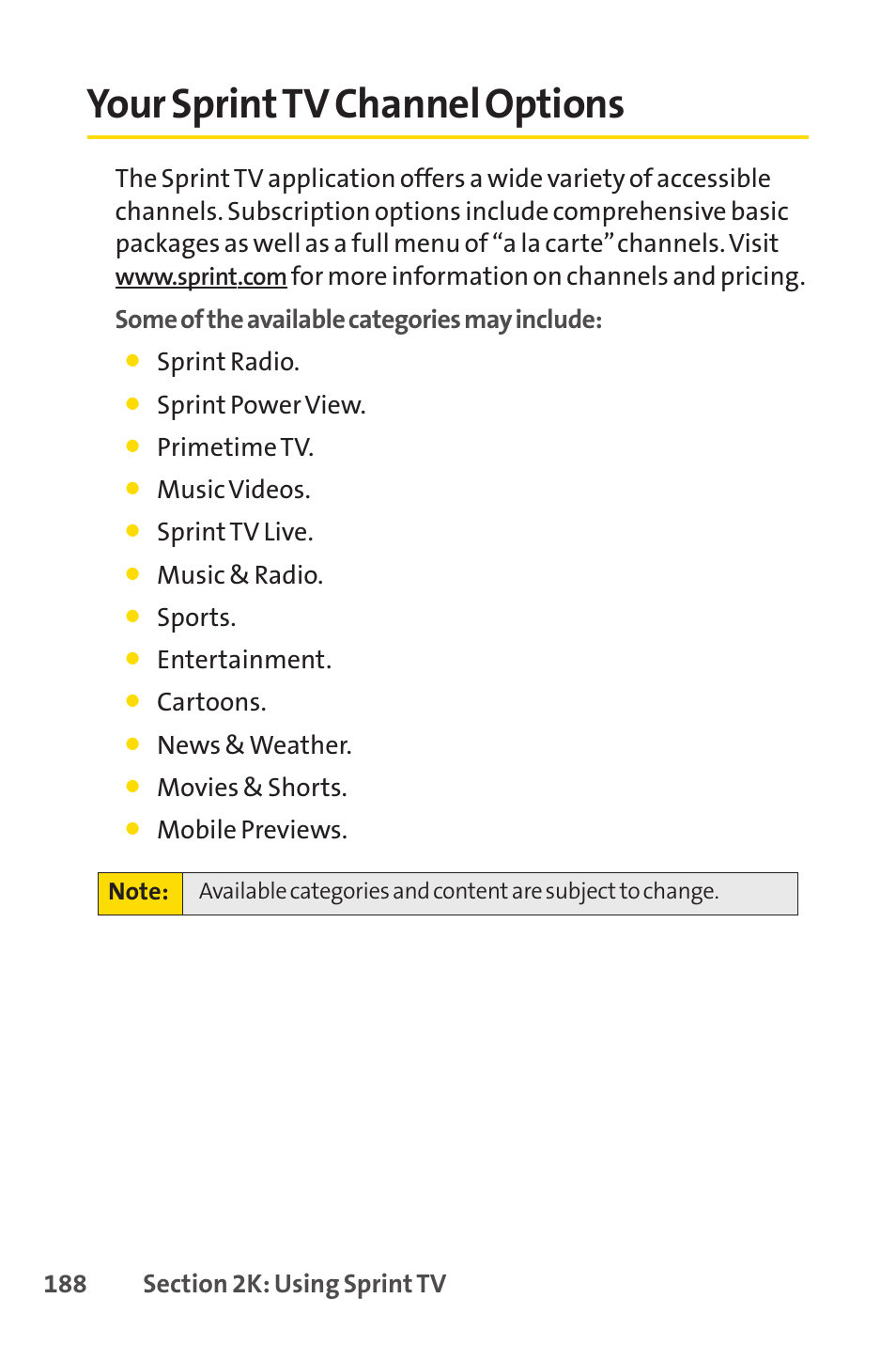 Your sprint tv channel options, Your sprinttv channel options | Sprint Nextel Cell Phone User Manual | Page 206 / 336