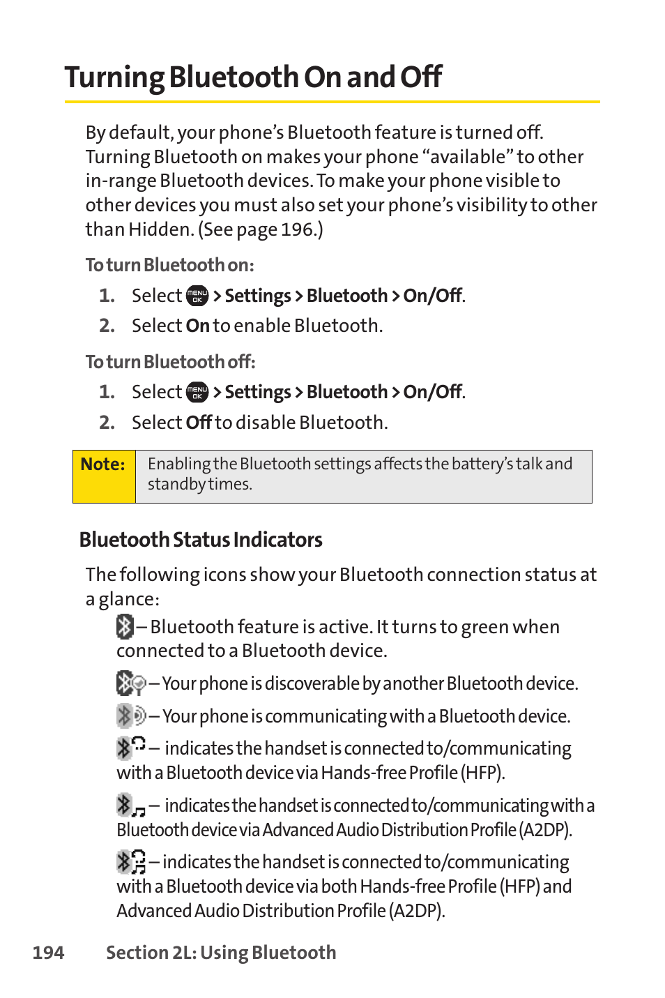 Turning bluetooth on and off | Sprint Nextel Cell Phone User Manual | Page 212 / 336