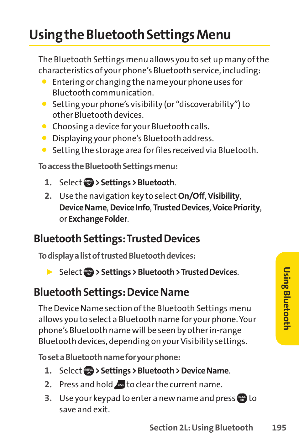 Using the bluetooth settings menu, Bluetooth settings: trusted devices, Bluetooth settings: device name | Sprint Nextel Cell Phone User Manual | Page 213 / 336