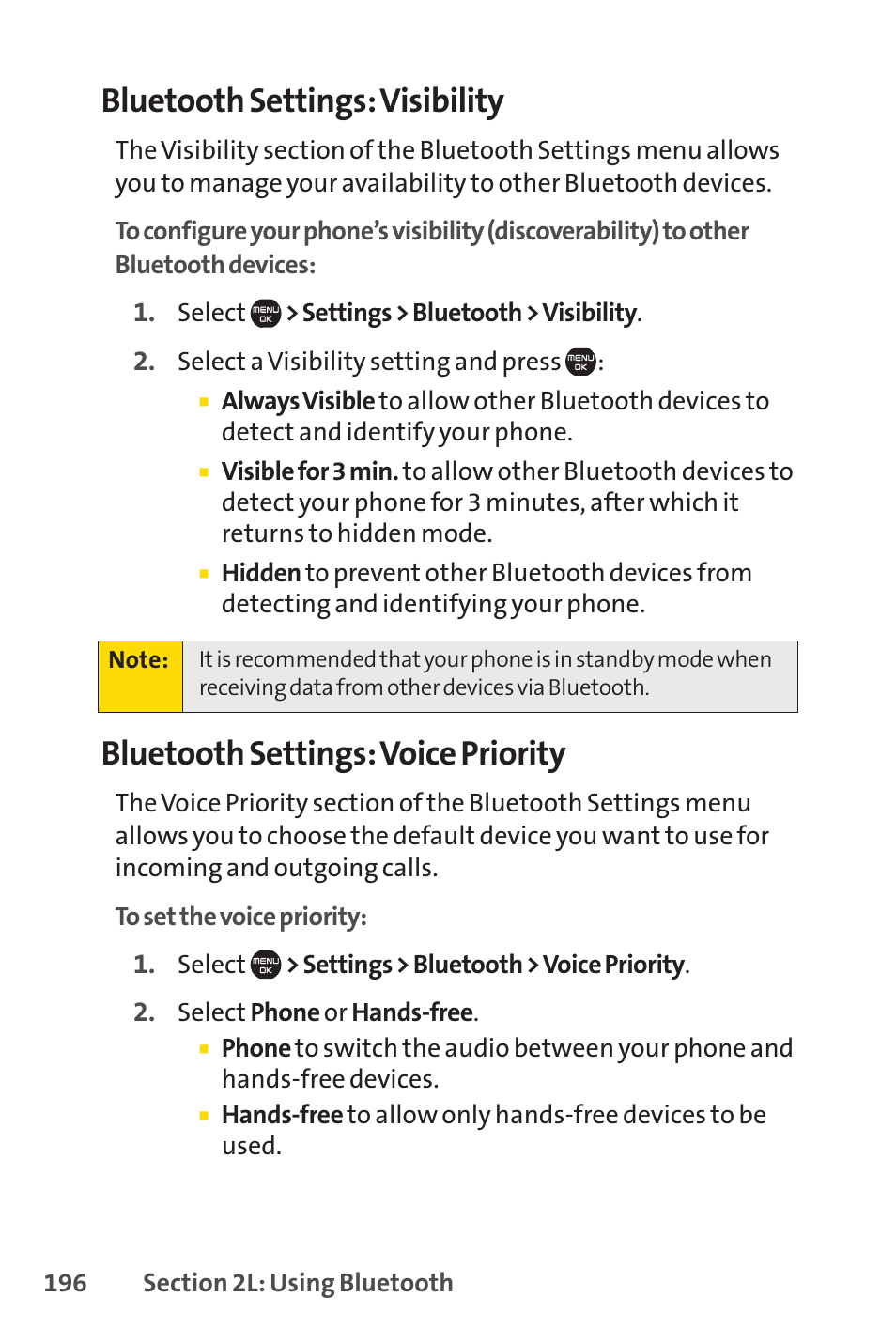 Bluetooth settings: visibility, Bluetooth settings: voice priority | Sprint Nextel Cell Phone User Manual | Page 214 / 336