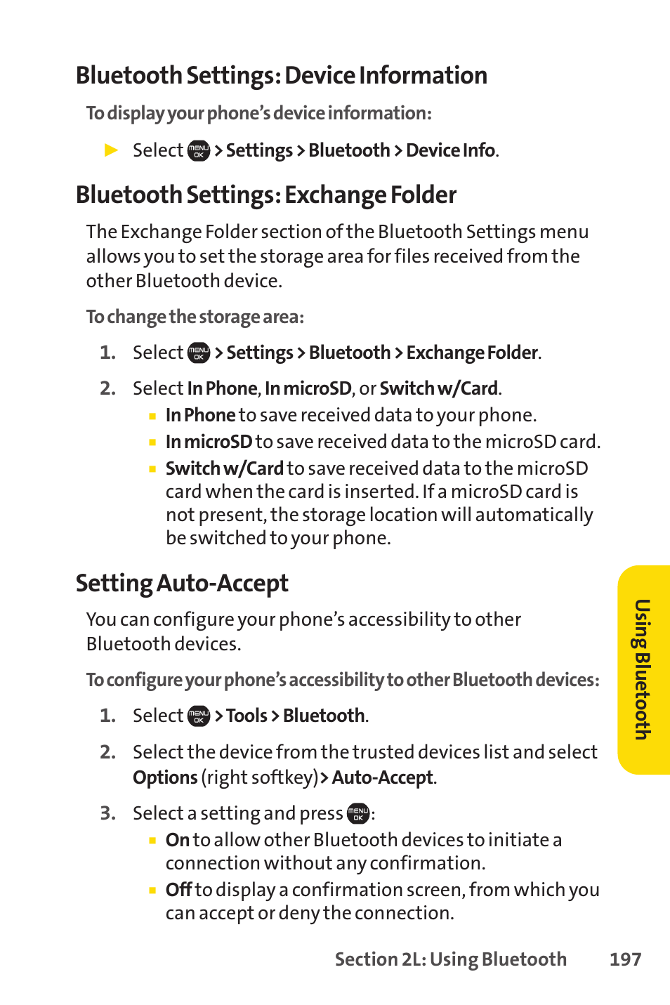 Bluetooth settings: device information, Bluetooth settings: exchange folder, Setting auto-accept | Sprint Nextel Cell Phone User Manual | Page 215 / 336