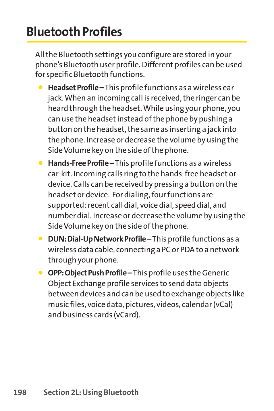 Bluetooth profiles | Sprint Nextel Cell Phone User Manual | Page 216 / 336