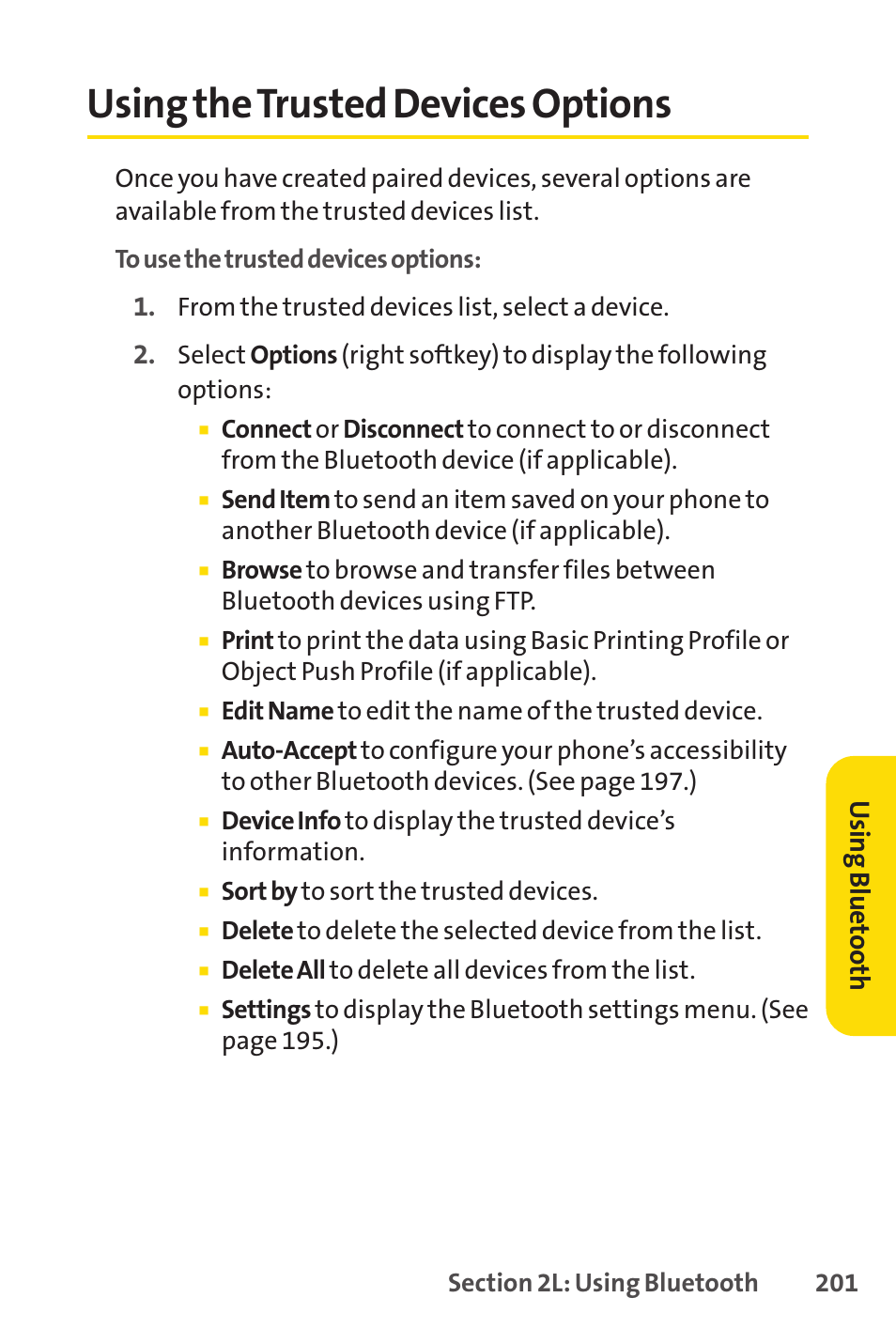 Using the trusted devices options, Usin g b lu et oo th | Sprint Nextel Cell Phone User Manual | Page 219 / 336