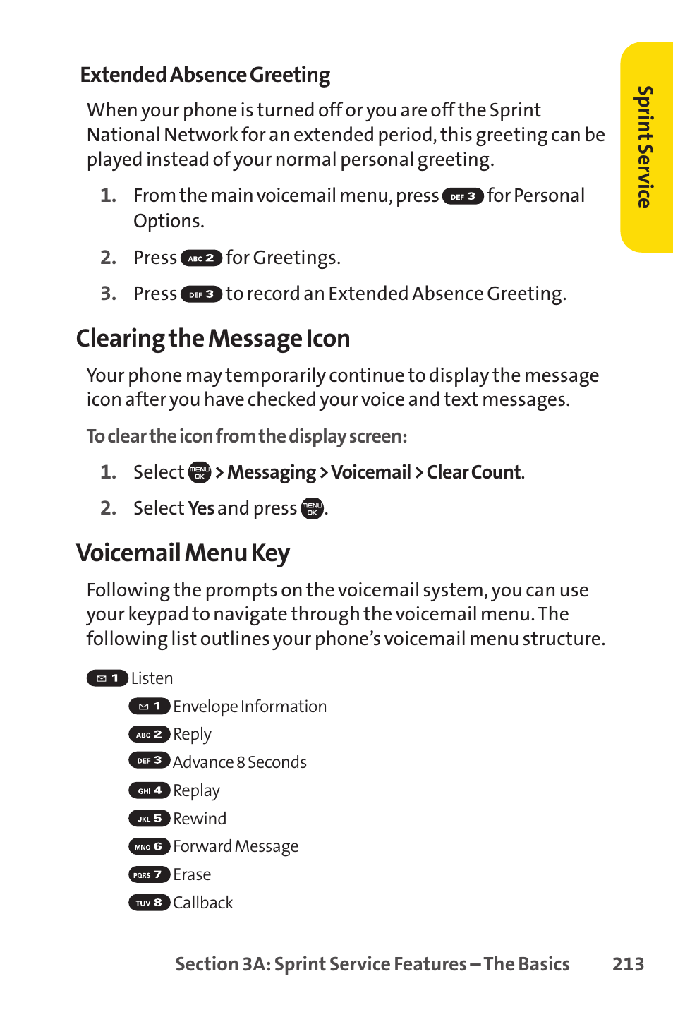 Clearing the message icon, Voicemail menu key | Sprint Nextel Cell Phone User Manual | Page 231 / 336
