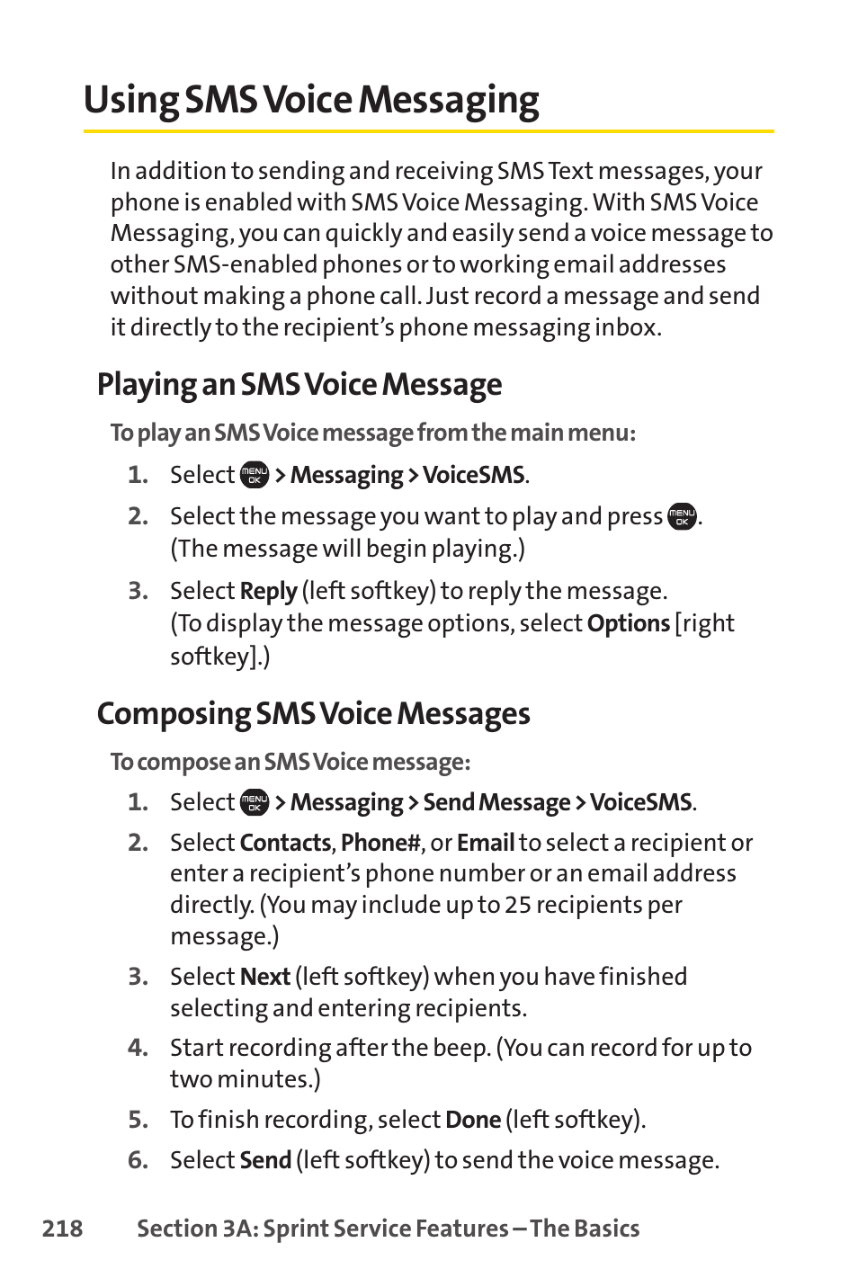 Using sms voice messaging, Playing an sms voice message, Composing sms voice messages | Sprint Nextel Cell Phone User Manual | Page 236 / 336