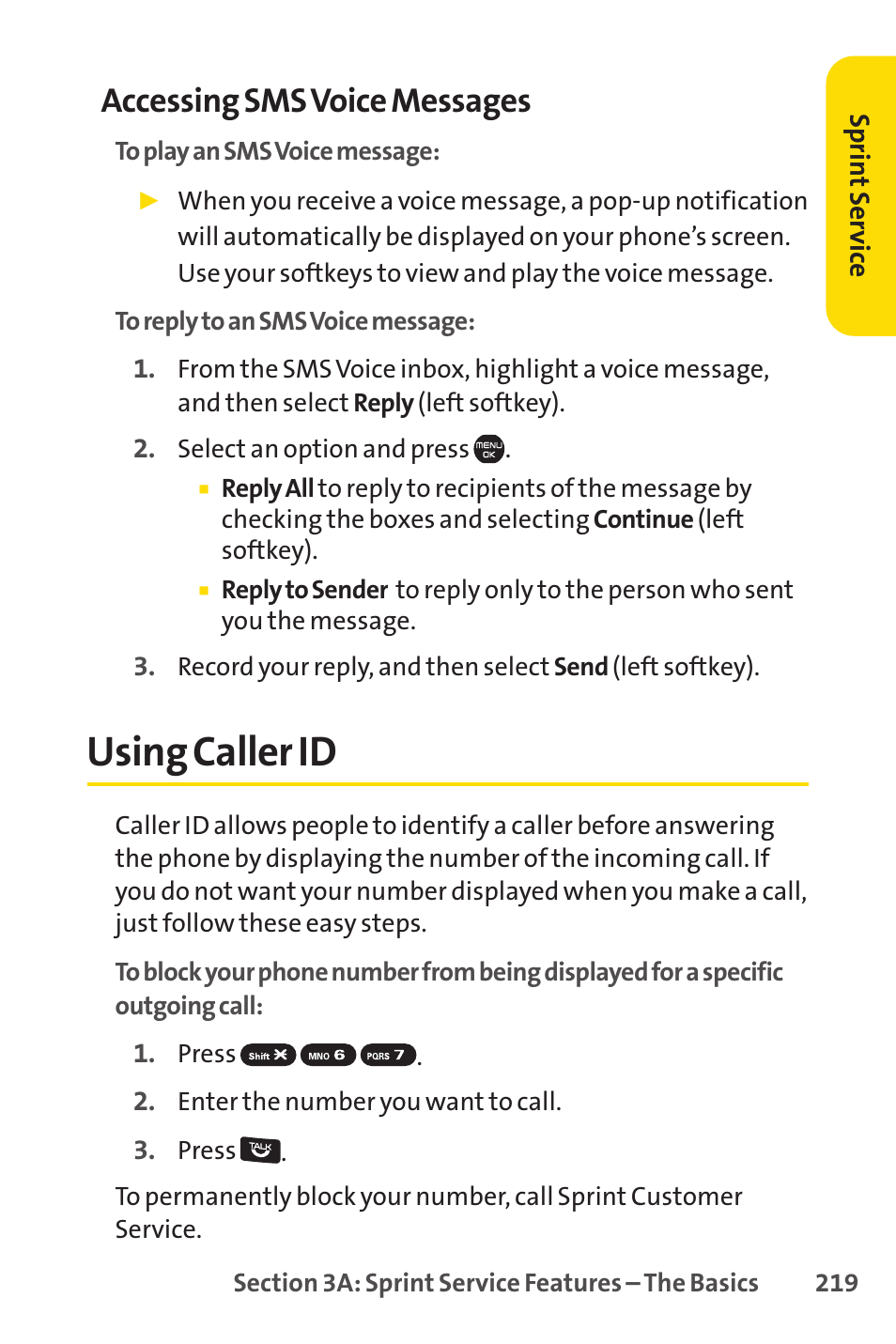 Using caller id, Accessing sms voice messages | Sprint Nextel Cell Phone User Manual | Page 237 / 336
