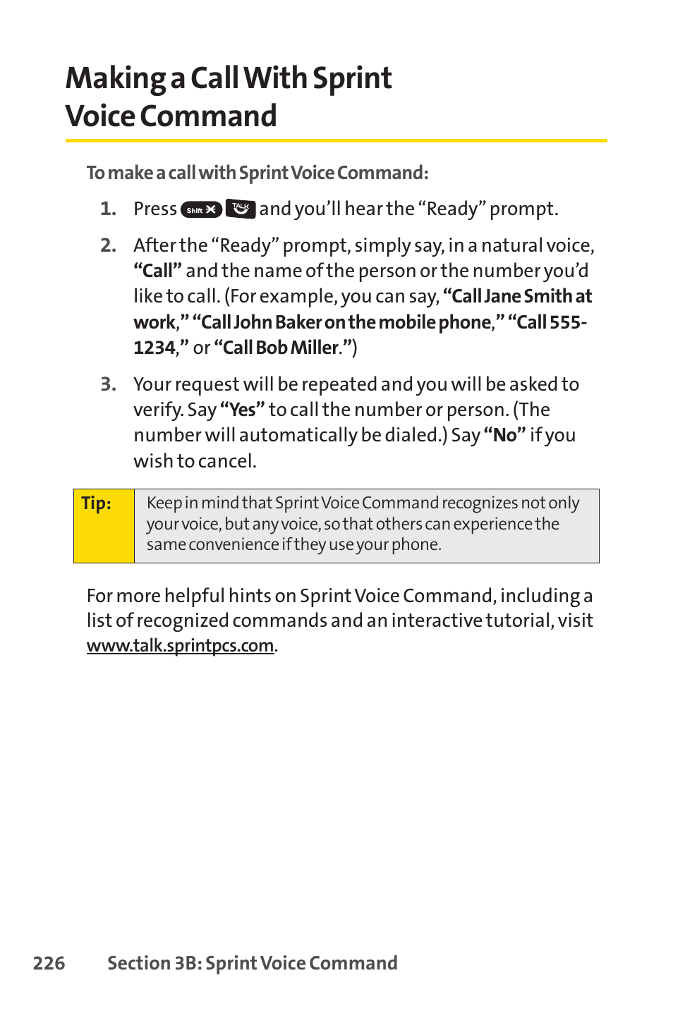 Making a call with sprint voice command, Making a callwith sprint voice command | Sprint Nextel Cell Phone User Manual | Page 244 / 336