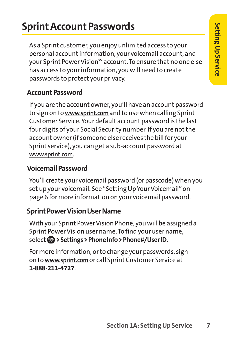 Sprint account passwords | Sprint Nextel Cell Phone User Manual | Page 25 / 336