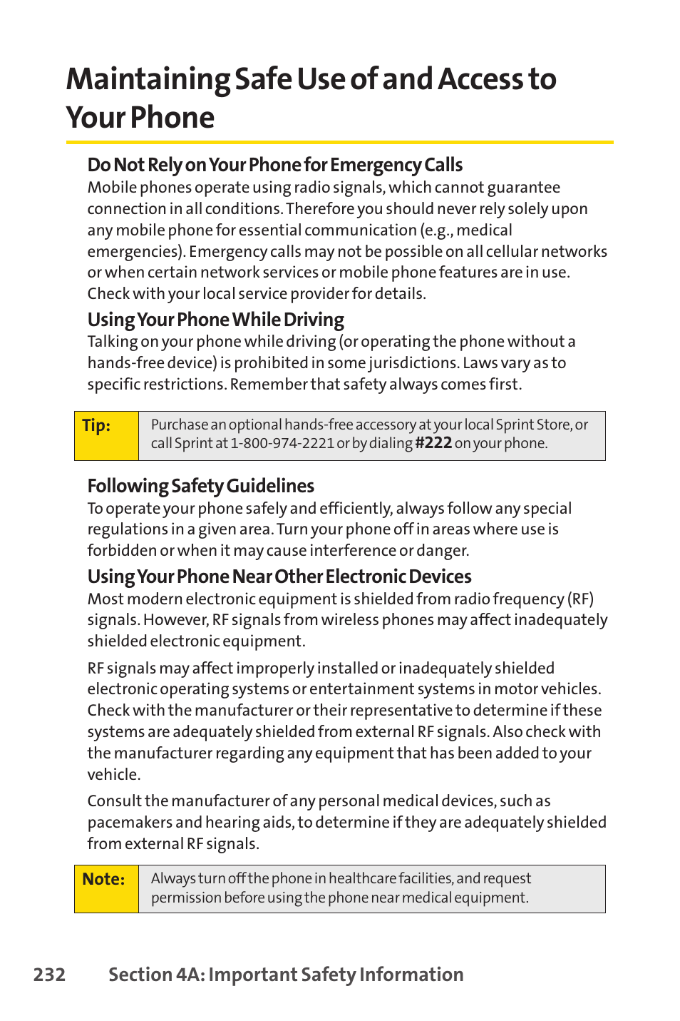 Maintaining safe use of and access to your phone | Sprint Nextel Cell Phone User Manual | Page 250 / 336