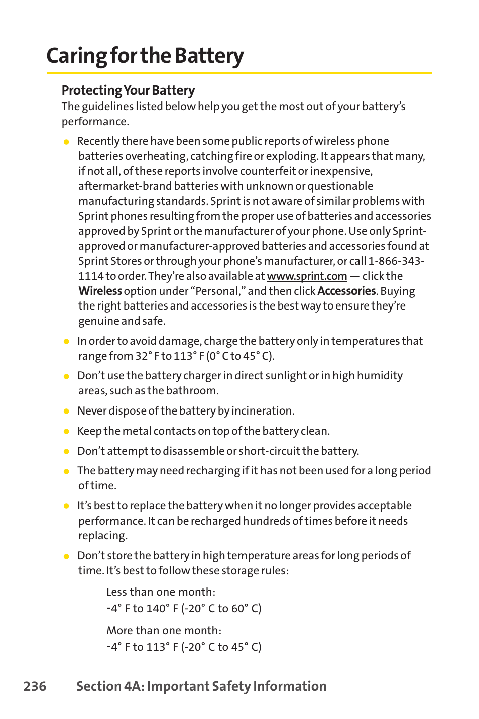 Caring for the battery, Protecting your battery | Sprint Nextel Cell Phone User Manual | Page 254 / 336