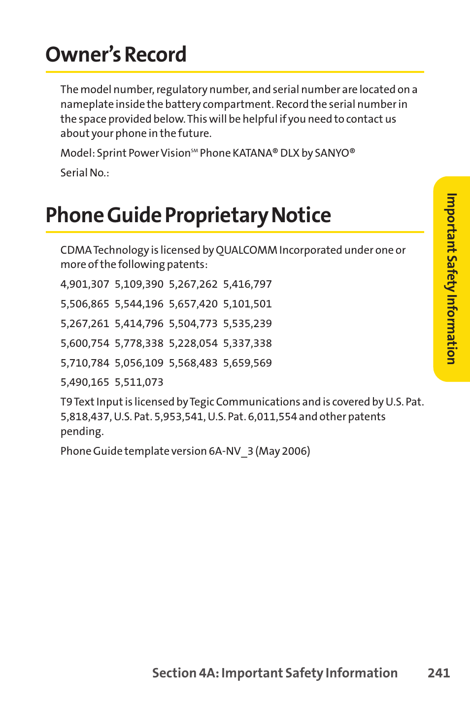 Owner’s record, Phone guide proprietary notice, Owner’s record phone guide proprietary notice | Sprint Nextel Cell Phone User Manual | Page 259 / 336