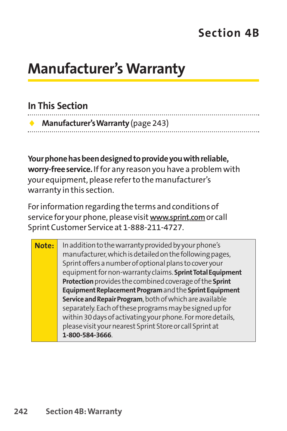 Manufacturer’s warranty, 4b. manufacturer’s warranty | Sprint Nextel Cell Phone User Manual | Page 260 / 336