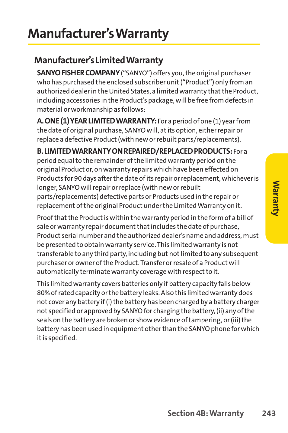 Manufacturer’s warranty | Sprint Nextel Cell Phone User Manual | Page 261 / 336