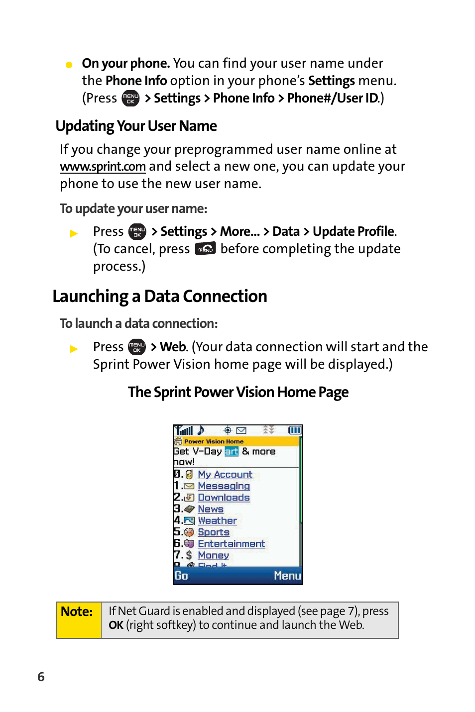 Launching a data connection, Updating your user name, The sprint power vision home page | Sprint Nextel Cell Phone User Manual | Page 278 / 336