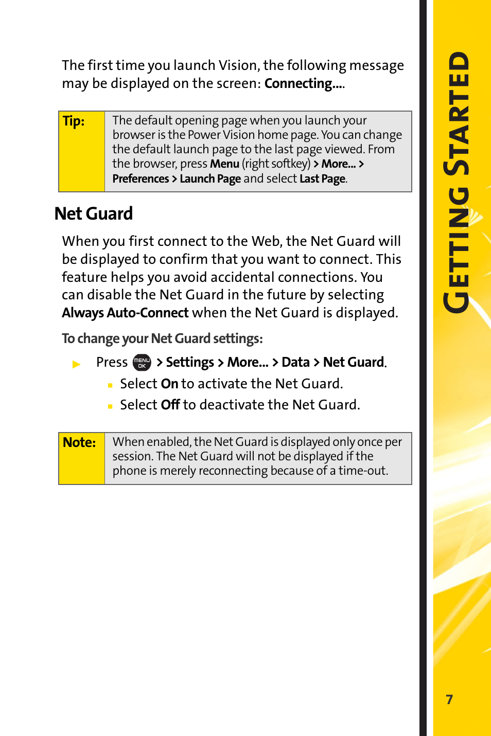 Net guard, Getti ng s t ar ted | Sprint Nextel Cell Phone User Manual | Page 279 / 336