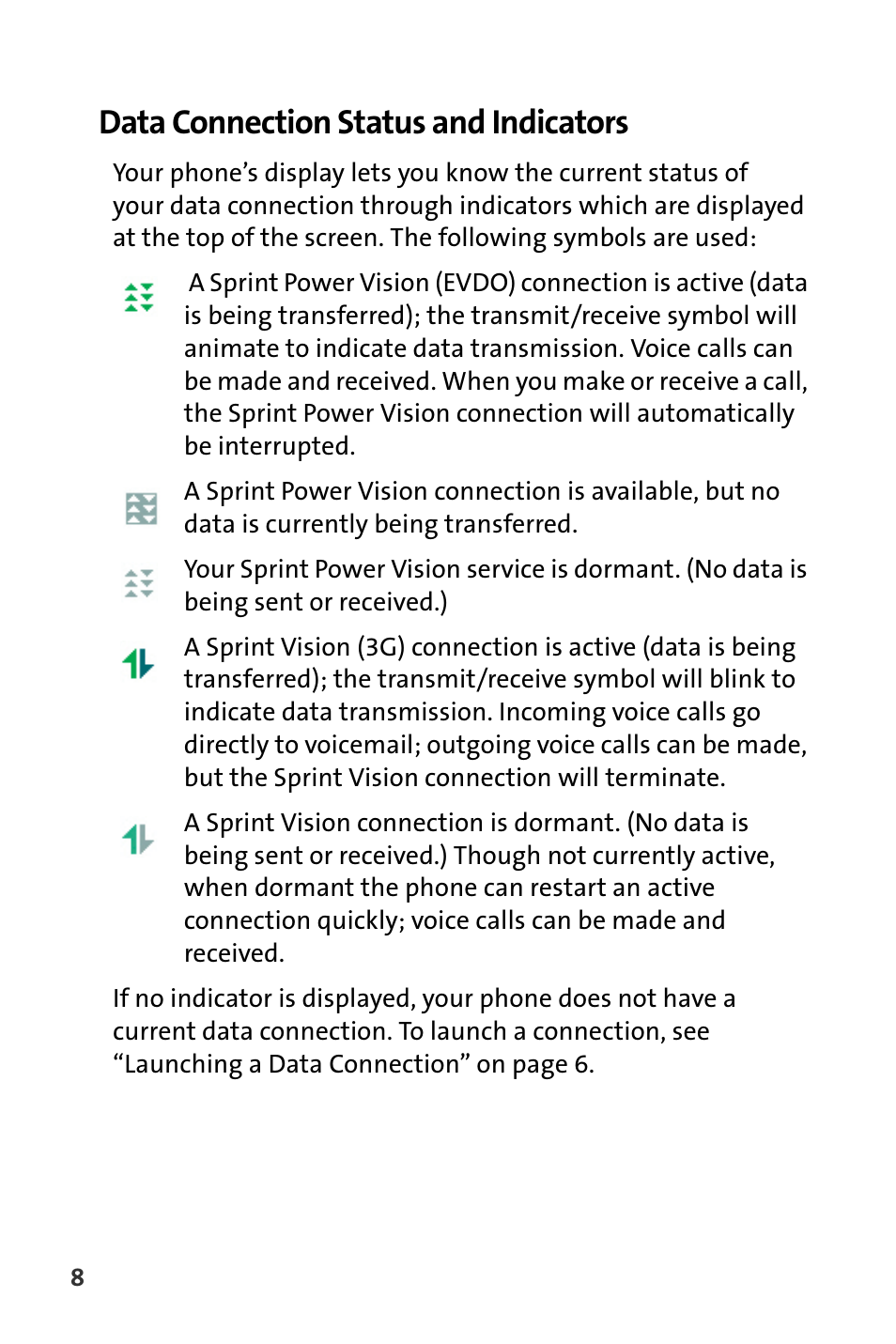 Data connection status and indicators | Sprint Nextel Cell Phone User Manual | Page 280 / 336