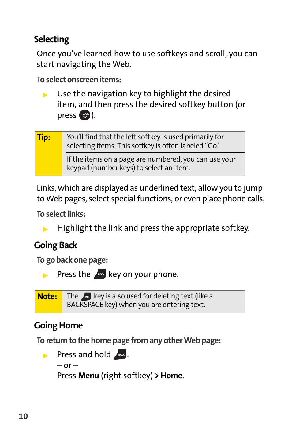 Selecting, Going back, Going home | Sprint Nextel Cell Phone User Manual | Page 282 / 336