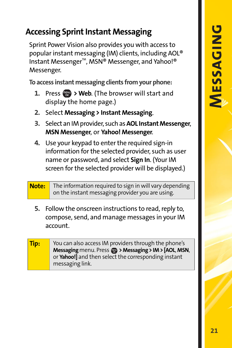 Accessing sprint instant messaging, Mess a gi ng | Sprint Nextel Cell Phone User Manual | Page 293 / 336