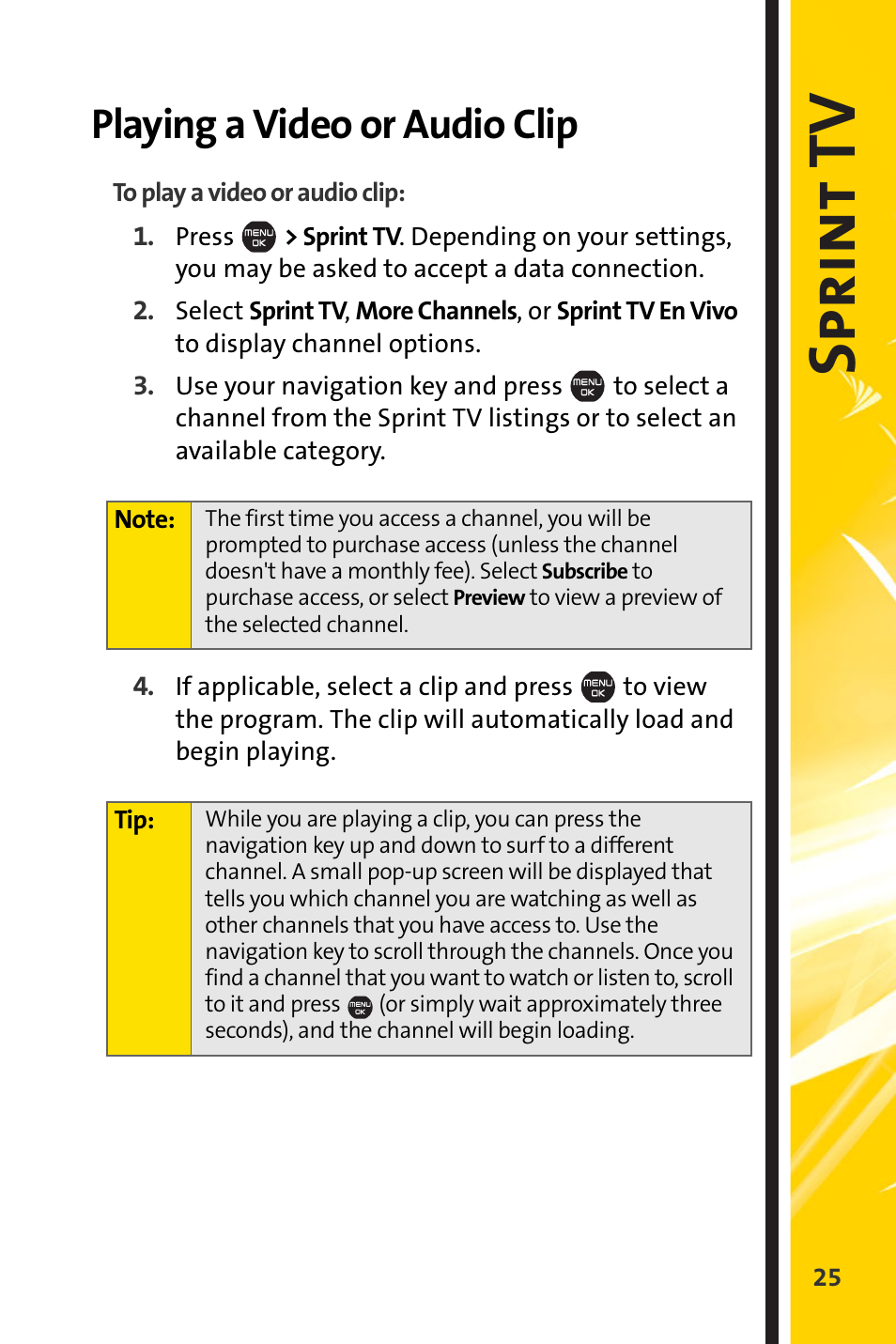 Playing a video or audio clip, Spri nt tv | Sprint Nextel Cell Phone User Manual | Page 297 / 336