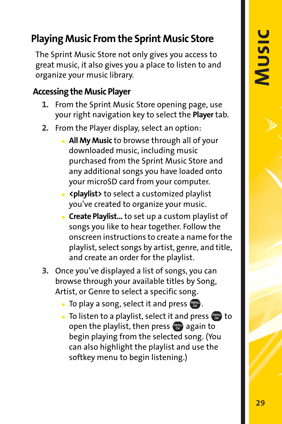 Playing music from the sprint music store, Music | Sprint Nextel Cell Phone User Manual | Page 301 / 336