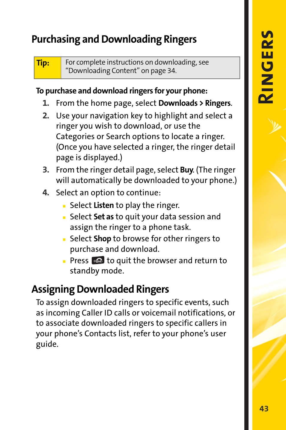 Purchasing and downloading ringers, Assigning downloaded ringers, Ri ngers | Sprint Nextel Cell Phone User Manual | Page 315 / 336