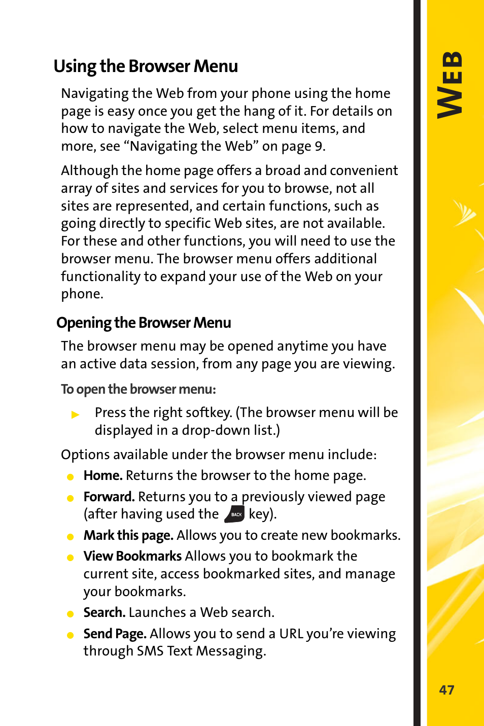 Using the browser menu, We b | Sprint Nextel Cell Phone User Manual | Page 319 / 336