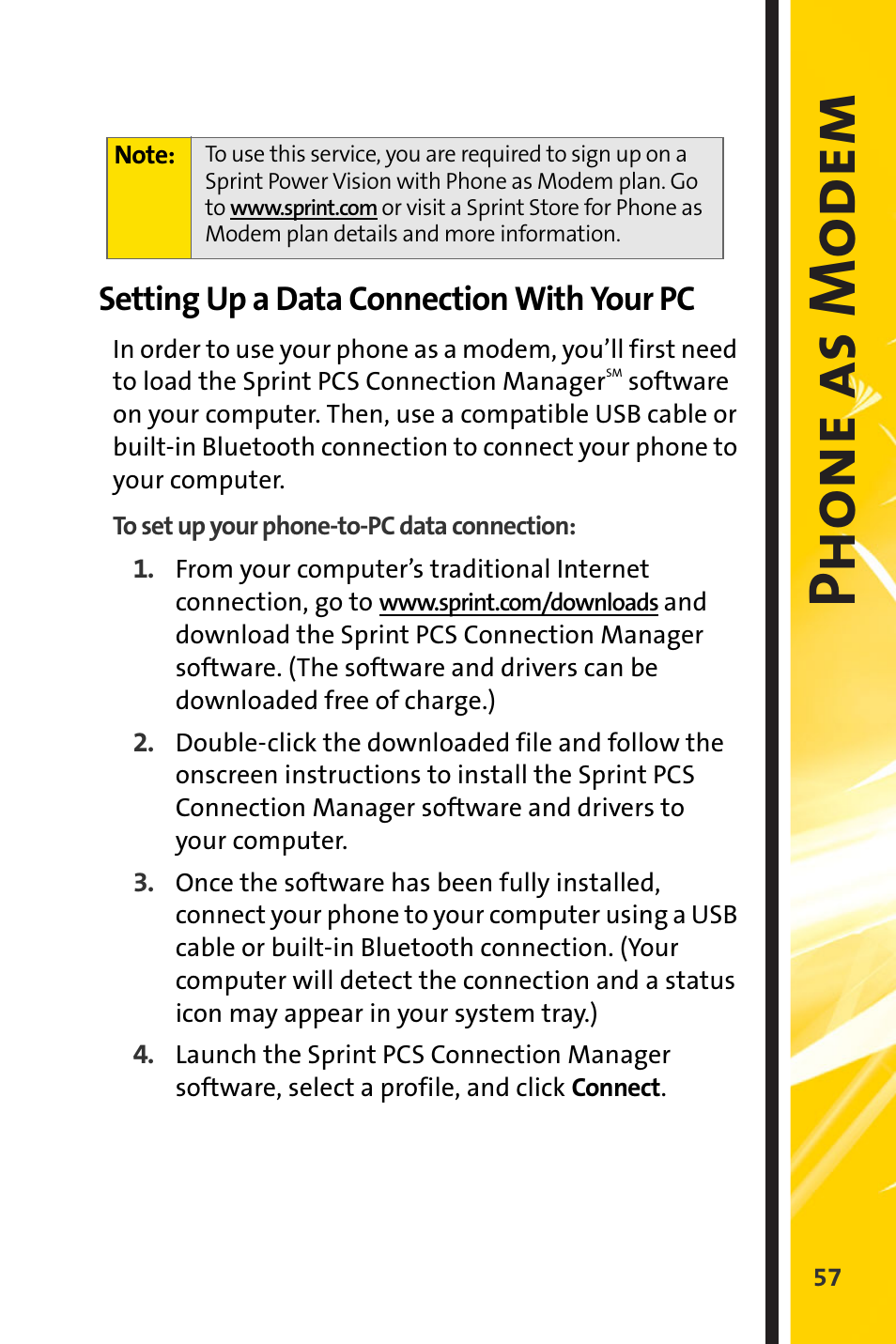 Setting up a data connection with your pc, Phon e as modem | Sprint Nextel Cell Phone User Manual | Page 329 / 336