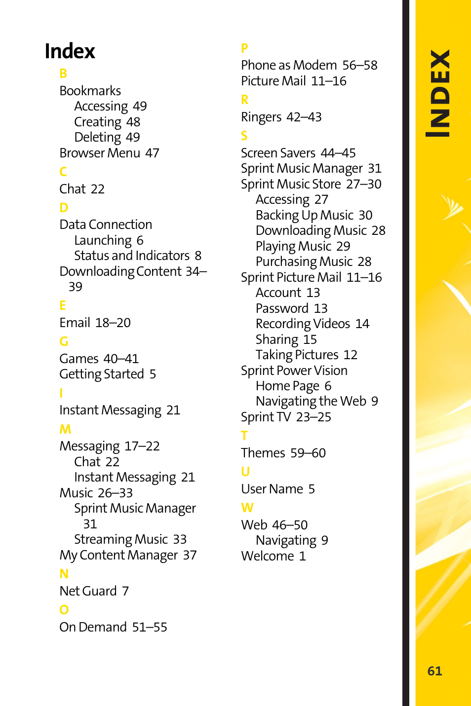 Index | Sprint Nextel Cell Phone User Manual | Page 333 / 336