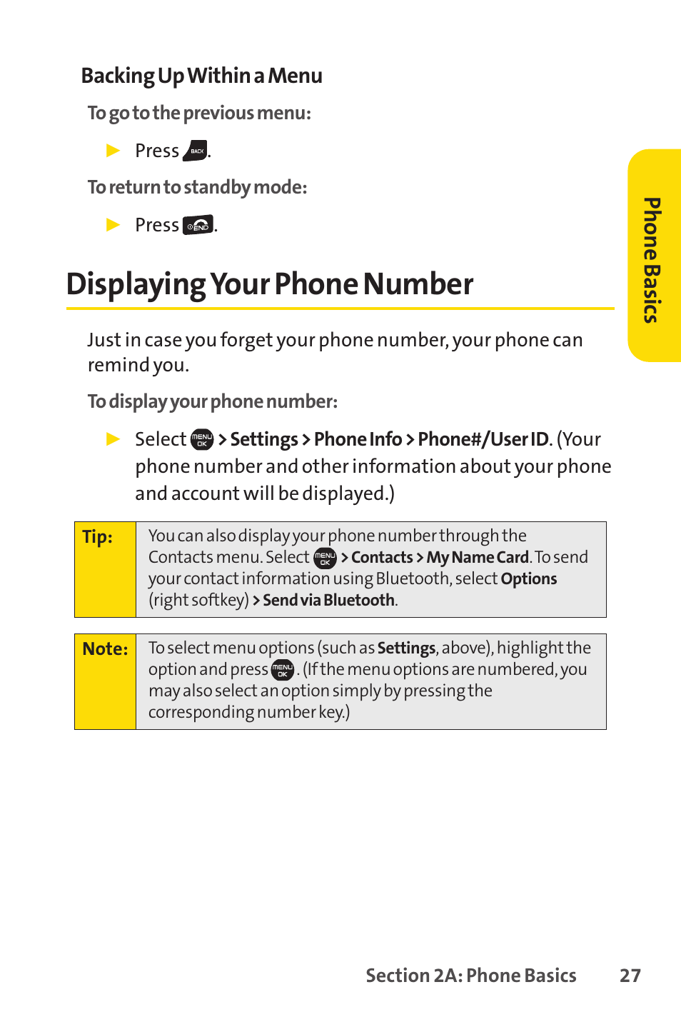 Displaying your phone number, Ph on e b as ics, Backing up within a menu | Sprint Nextel Cell Phone User Manual | Page 45 / 336
