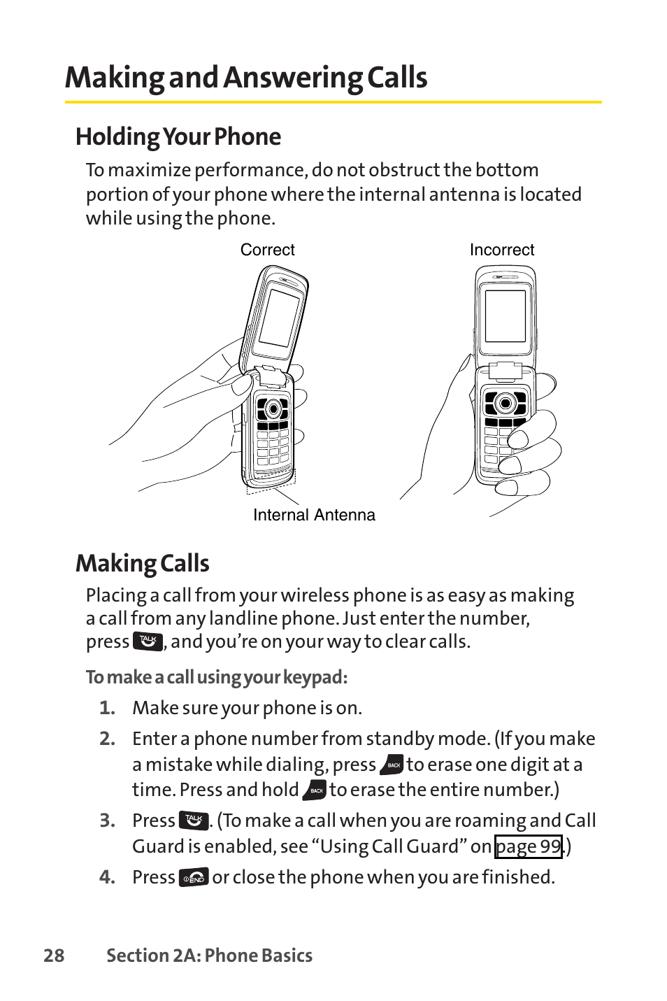 Making and answering calls, Holding your phone, Making calls | Sprint Nextel Cell Phone User Manual | Page 46 / 336