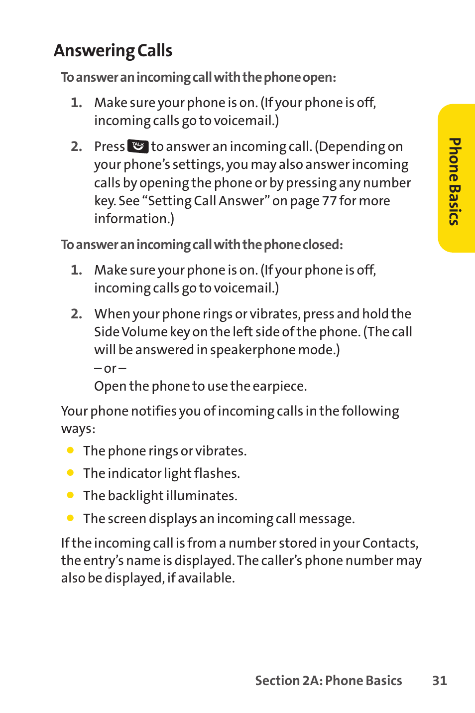 Answering calls, Ph on e b as ics | Sprint Nextel Cell Phone User Manual | Page 49 / 336