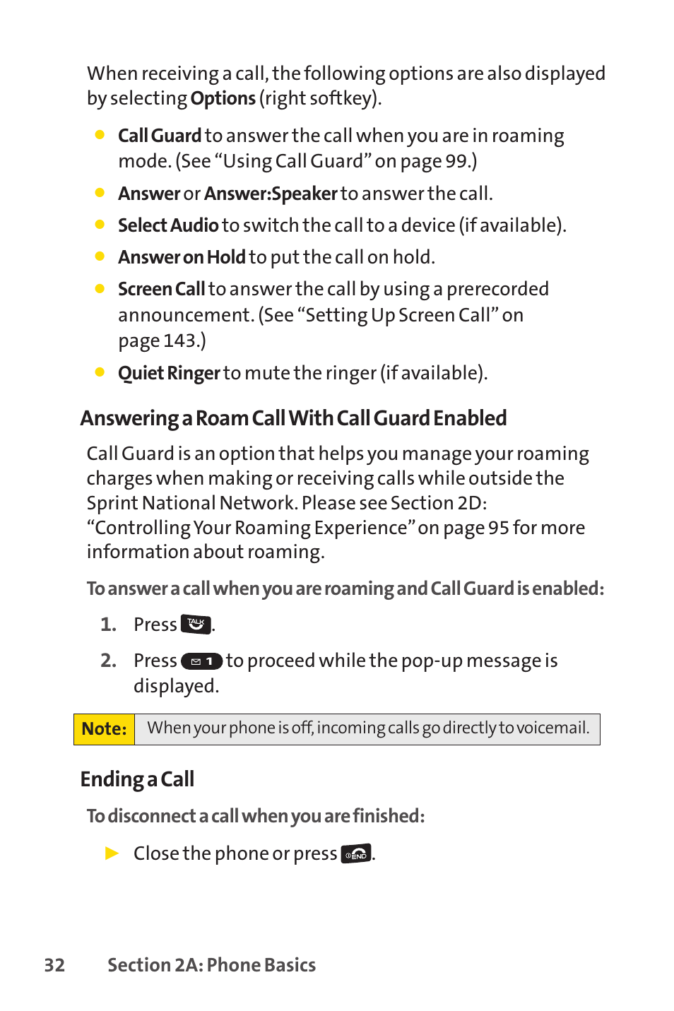 Answering a roam call with call guard enabled, Ending a call | Sprint Nextel Cell Phone User Manual | Page 50 / 336