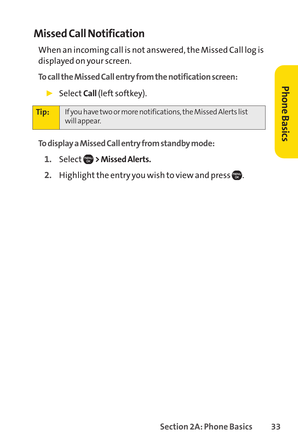 Missed call notification, Ph on e b as ics | Sprint Nextel Cell Phone User Manual | Page 51 / 336