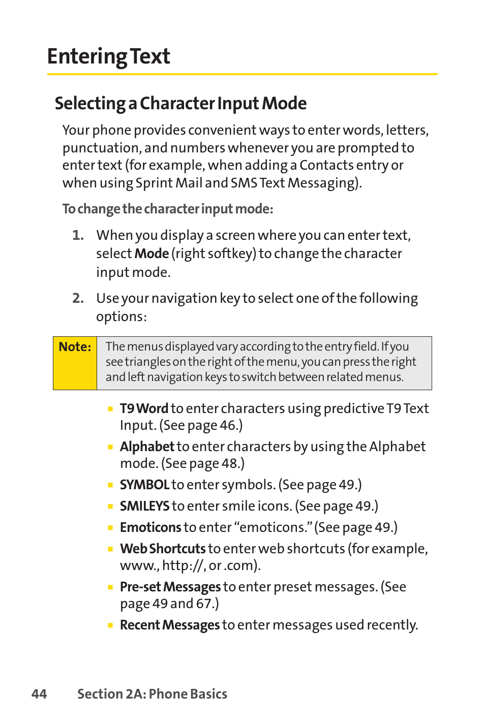Entering text, Selecting a character input mode | Sprint Nextel Cell Phone User Manual | Page 62 / 336