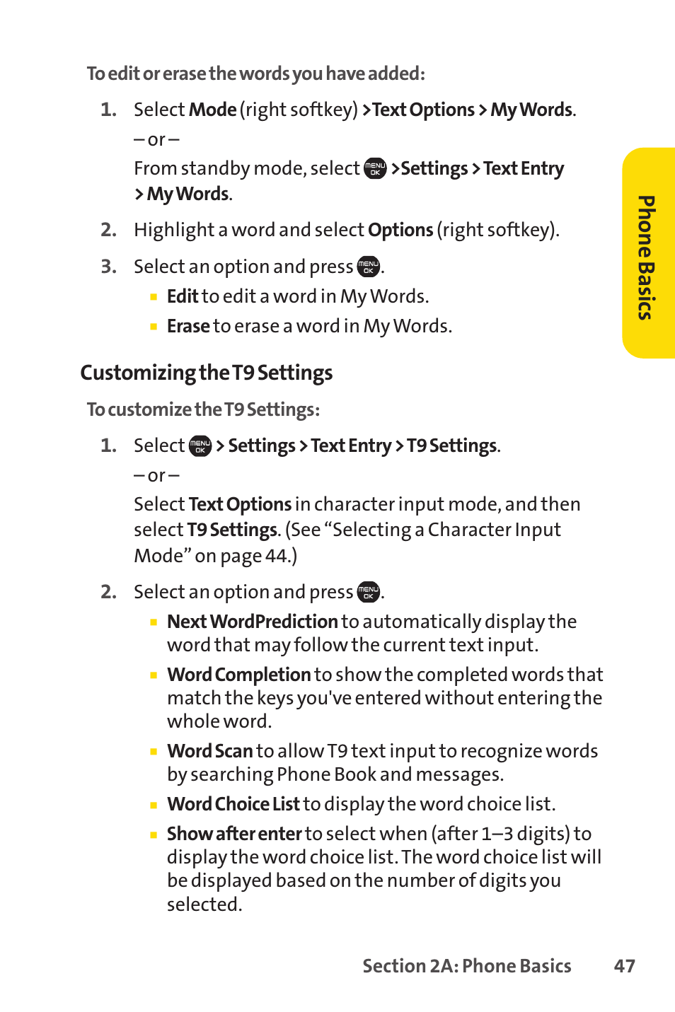 Ph on e b as ics, Customizing the t9 settings | Sprint Nextel Cell Phone User Manual | Page 65 / 336