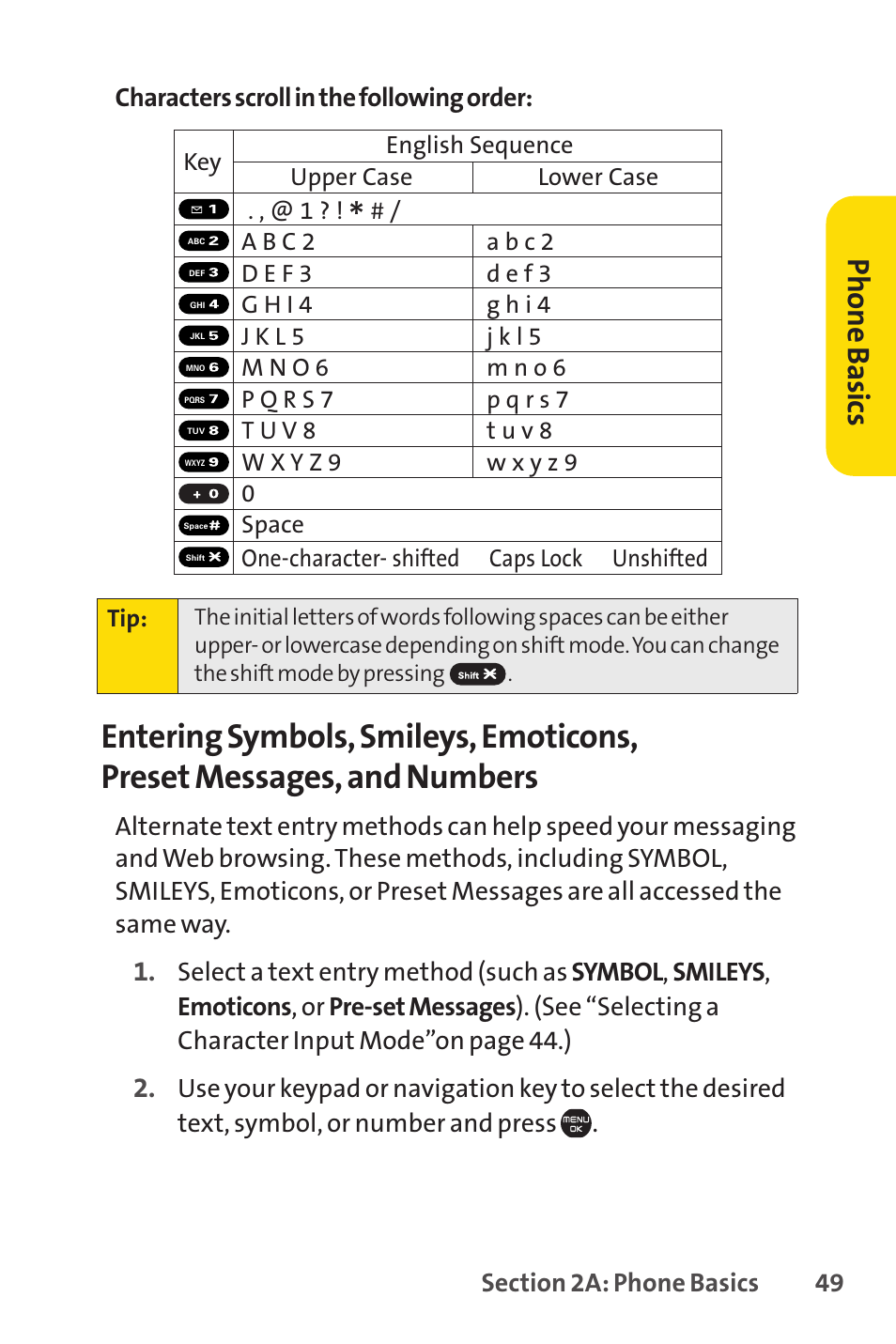 Ph on e b as ics, Characters scroll in the following order | Sprint Nextel Cell Phone User Manual | Page 67 / 336