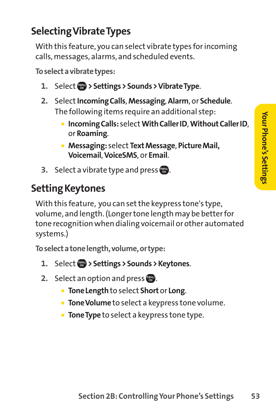 Selecting vibrate types, Setting keytones | Sprint Nextel Cell Phone User Manual | Page 71 / 336