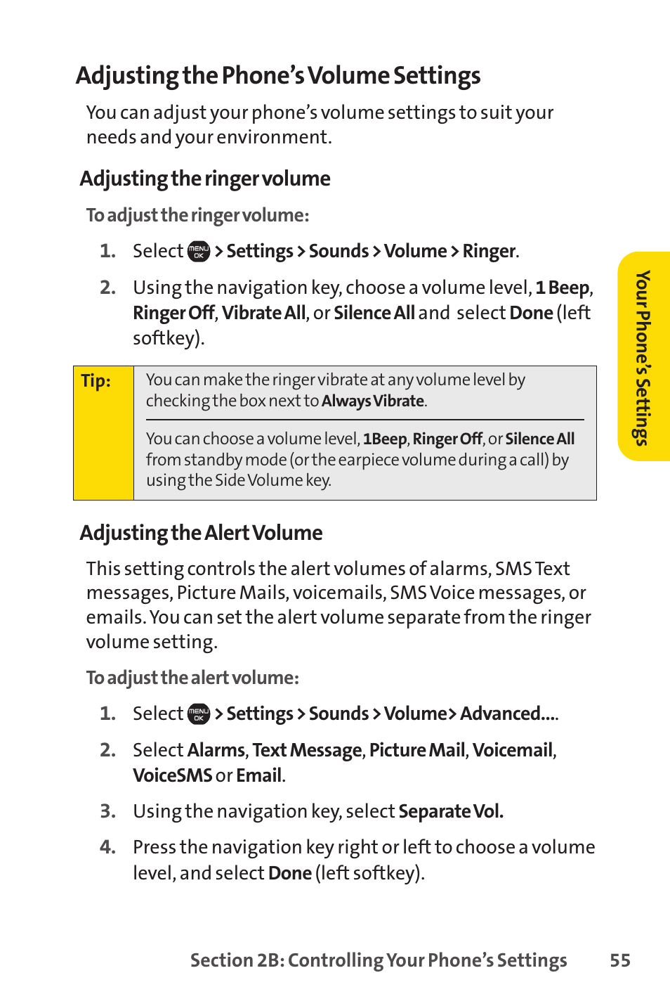 Adjusting the phone’s volume settings | Sprint Nextel Cell Phone User Manual | Page 73 / 336
