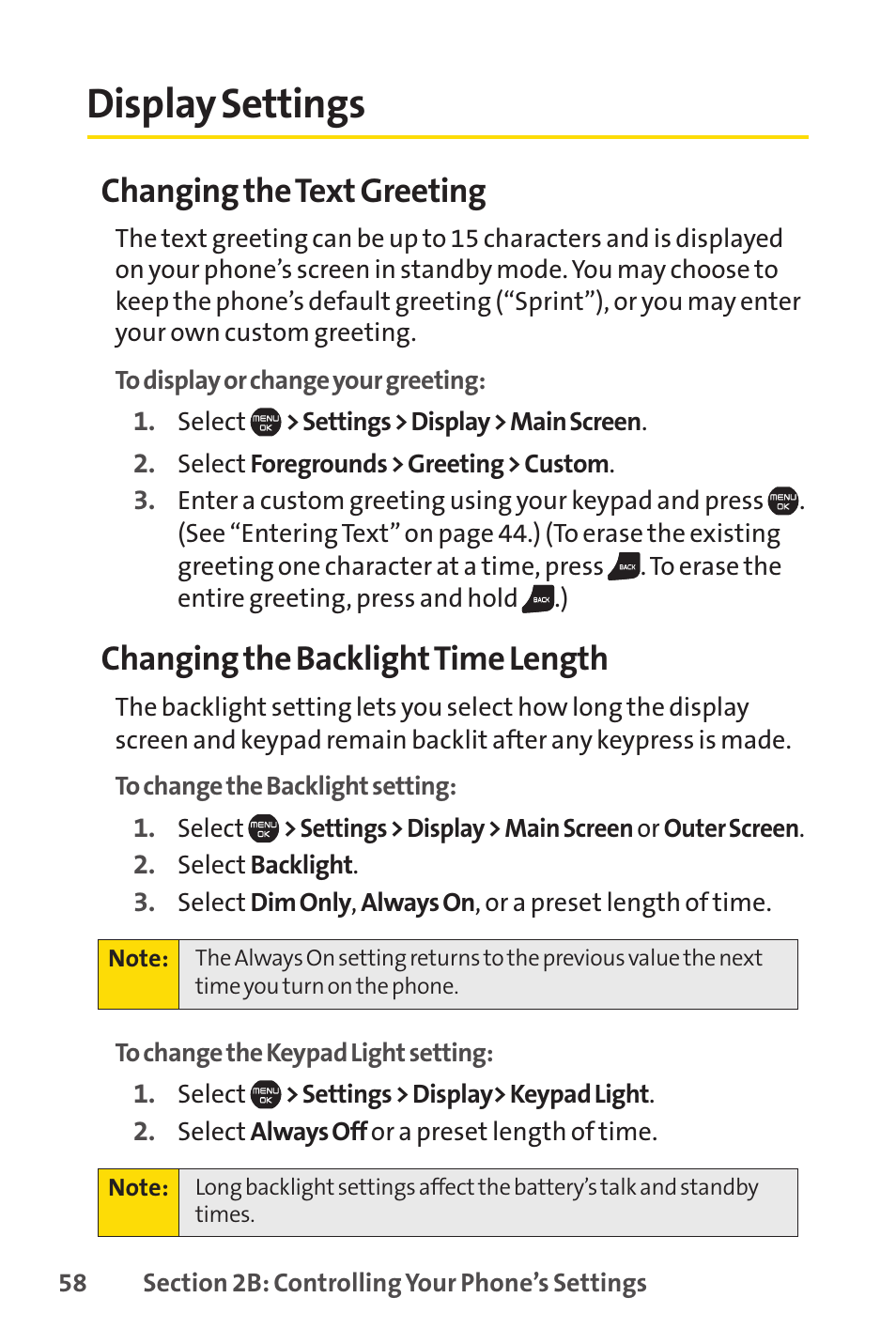 Display settings, Changing the text greeting, Changing the backlighttime length | Sprint Nextel Cell Phone User Manual | Page 76 / 336