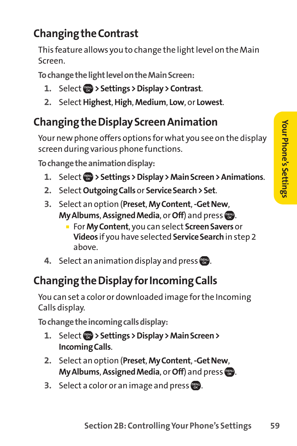 Changing the contrast, Changing the display screen animation, Changing the display for incoming calls | Sprint Nextel Cell Phone User Manual | Page 77 / 336