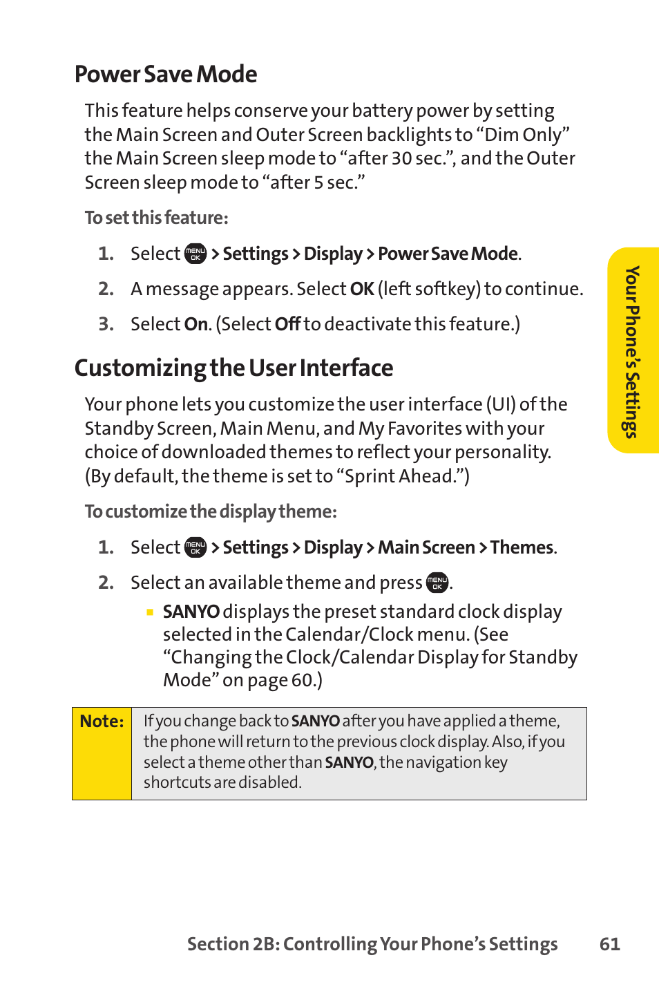 Power save mode, Customizing the user interface | Sprint Nextel Cell Phone User Manual | Page 79 / 336