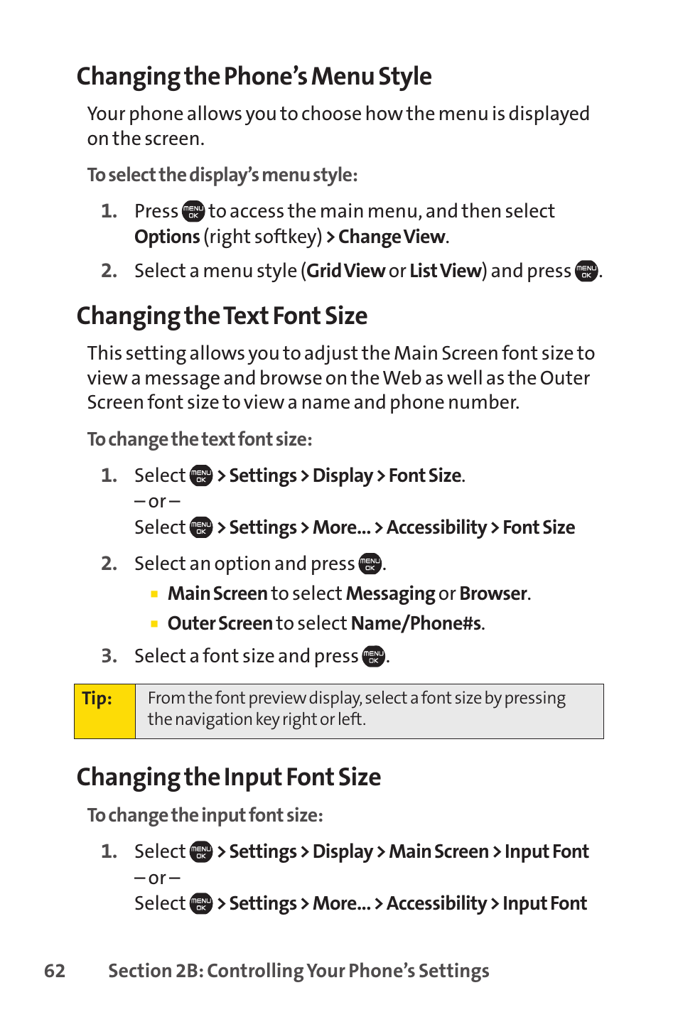 Changing the phone’s menu style, Changing the text font size, Changing the input font size | Sprint Nextel Cell Phone User Manual | Page 80 / 336